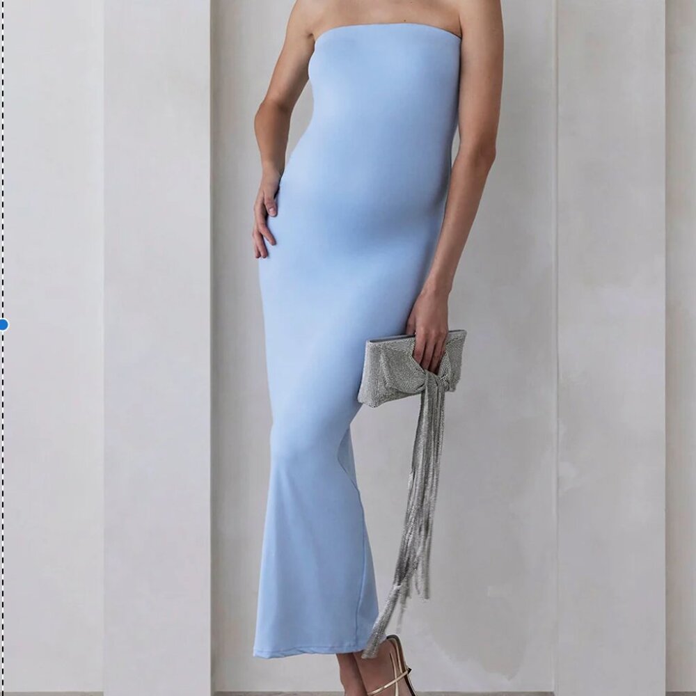 Strapless Powder Blue Maxi Dress — Women’s Sleek Evening Gown